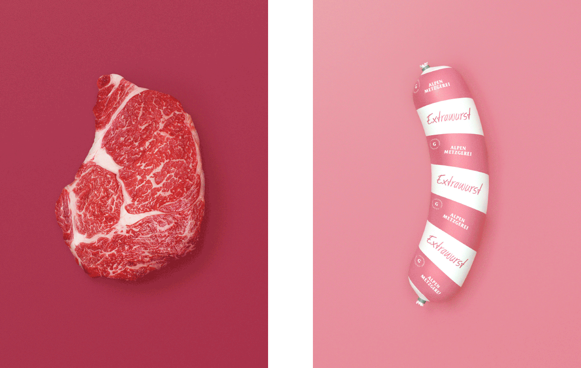 Ein Steak auf Rot und eine "Extrawurst" von "Alpen Metzgerei" auf Rosa.