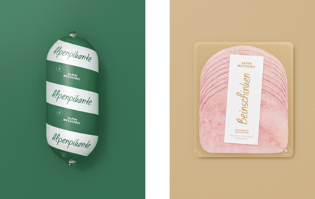 Eine Wurst „Alpenpikante“ und eine Packung „Beinschinken“ der Alpen Metzgerei.