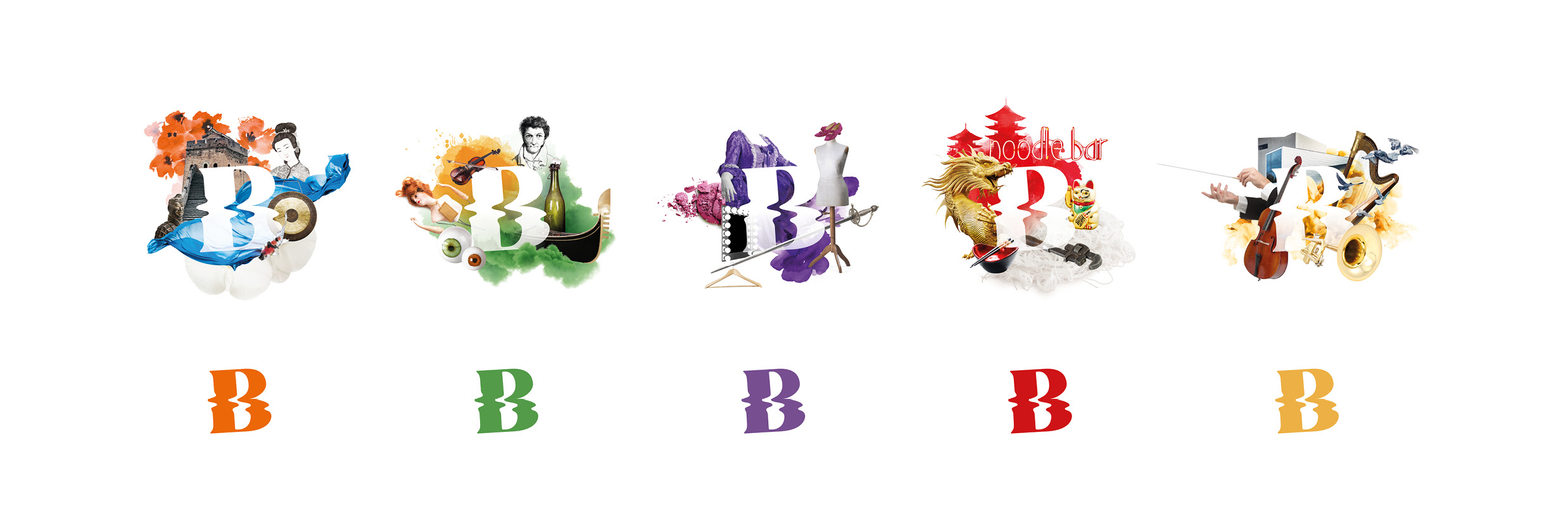 Fünf stilisierte Illustrationen, jede mit einem farbigen "B" darunter. Jede Illustration hat ein einzigartiges Thema und Design.
